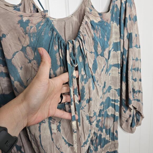 Blue Life Tie Dye Shirred Waist Open Shoulder Dress Size Small Beach Boho Summer - Picture 3 of 10